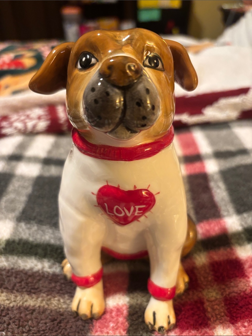 Blue Sky Brown and White Dog Figurine with Red Heart and Collar